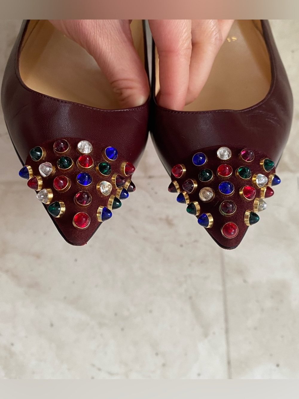 Christian Louboutin Cabo Burgundy Leather Studded Pointed Toe Ballet Flats 6.5 - Picture 6 of 10